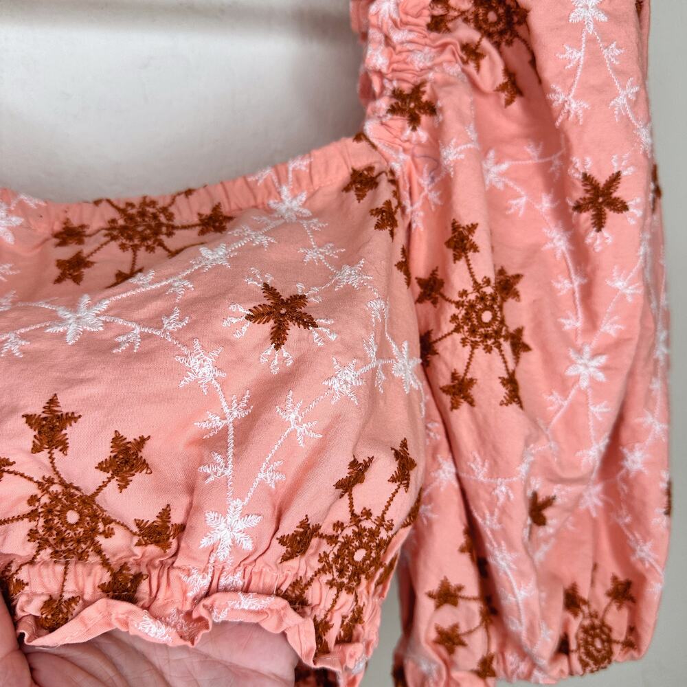 Zara Voluminous Puff Sleeve Floral Embroidered Peach Salmon Pink Crop Top Small - Picture 7 of 13